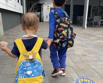 Two boys wearing backpacks.